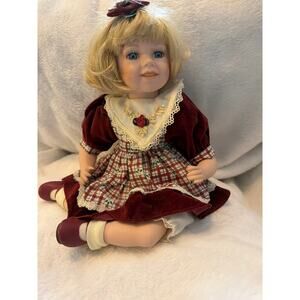 Heritage Heirloom Porcelain Sitting Doll Blonde Blue Eyes Red Velvet Dress COA